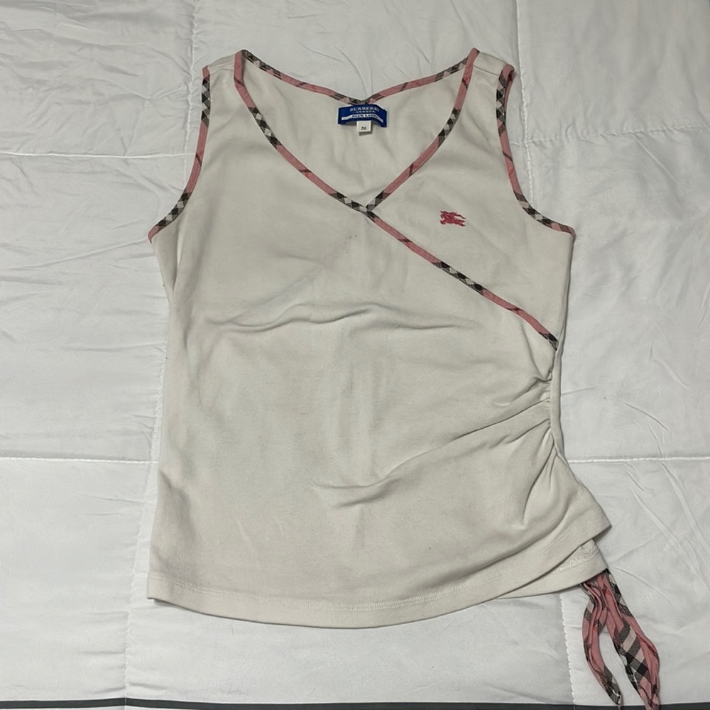 Burberry London White Tank Top Pink Tartan Trim Sz 38 Small